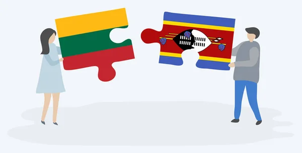 Litvanya Swazi Bayrakları Ile Iki Bulmaca Parçaları Tutan Çift Litvanya — Stok Vektör