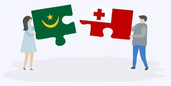 Casal Segurando Duas Peças Quebra Cabeças Com Bandeiras Mauritanas Tonganas — Vetor de Stock