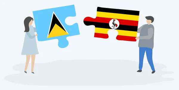 Para Trzyma Dwa Kawałki Puzzli Saint Lucian Ugandy Flagi Symbole — Wektor stockowy