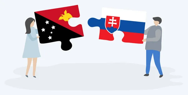 Para Trzymania Dwóch Puzzli Papuan Słowackich Flag Papua Nowa Gwinea — Wektor stockowy