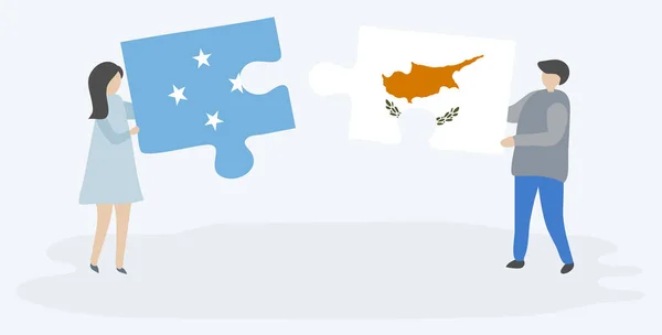 ミクロネシアとキプロスの旗を持つ2つのパズルピースを保持しているカップル ミクロネシアとキプロスの国のシンボルが一緒に — ストックベクタ