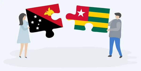 Couple Tenant Deux Pièces Puzzles Avec Des Drapeaux Papous Togolais — Image vectorielle