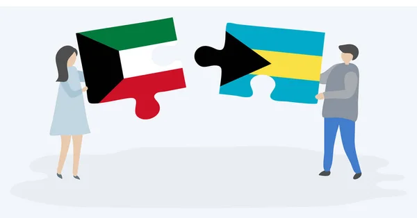 Пара Держащая Две Головоломки Кувейтскими Багамскими Флагами Государственные Символы Кувейта — стоковый вектор