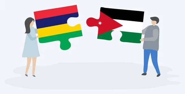 モーリシャスとヨルダンの旗を持つ2つのパズルピースを保持しているカップル モーリシャスとヨルダンの国のシンボル — ストックベクタ