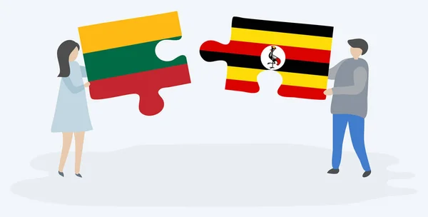Casal Segurando Duas Peças Quebra Cabeças Com Bandeiras Lituanas Ugandenses — Vetor de Stock