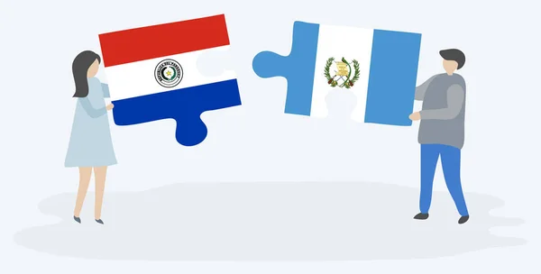 Par Som Innehar Två Pusselbitar Med Paraguayanska Och Guatemalas Flaggor — Stock vektor