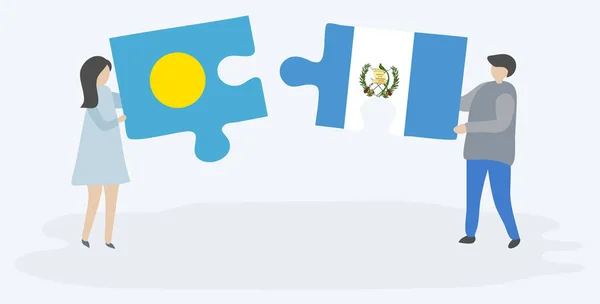 一对夫妇拿着两块拼图 上面挂着帕劳和危地马拉国旗 帕劳和危地马拉国家符号在一起 — 图库矢量图片