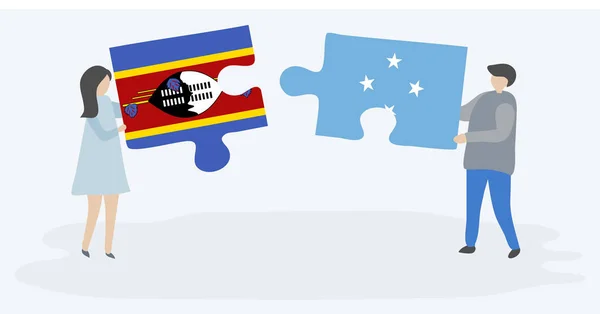 Pareja Sosteniendo Dos Piezas Rompecabezas Con Banderas Swazi Micronesianas Swazilandia — Vector de stock