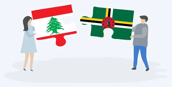 Pareja Sosteniendo Dos Piezas Rompecabezas Con Banderas Libanesas Dominicanas Líbano — Archivo Imágenes Vectoriales