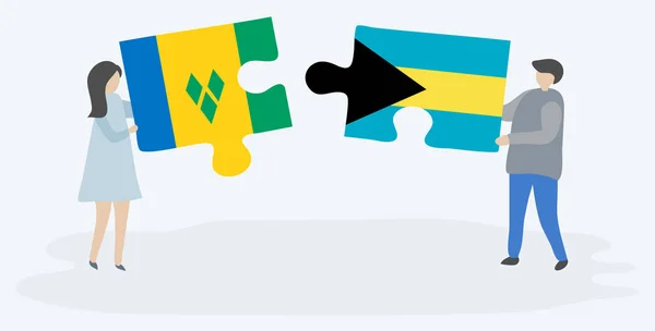 Couple Holding Two Puzzles Pieces Vincentian Bahamian Flags Saint Vincent — Stock Vector