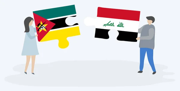 一对夫妇拿着两块拼图 上面挂着莫桑比克和伊拉克国旗 莫桑比克和伊拉克国家符号在一起 — 图库矢量图片