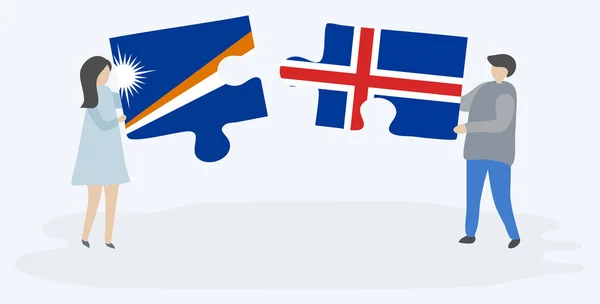 Ζευγαράκια Που Κρατούν Δύο Κομμάτια Παζλ Σημαίες Μάρελεν Και Ισλανδικές — Διανυσματικό Αρχείο