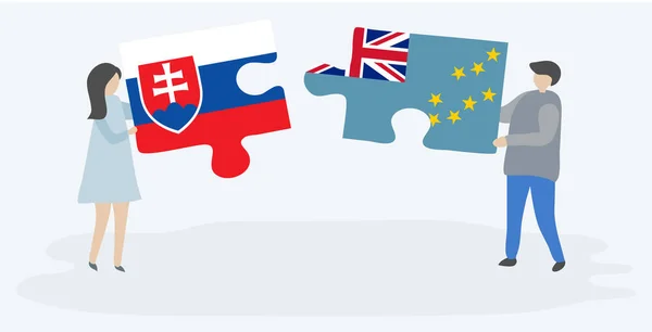 Pareja Sosteniendo Dos Piezas Rompecabezas Con Banderas Eslovacas Tuvaluanas Eslovaquia — Archivo Imágenes Vectoriales