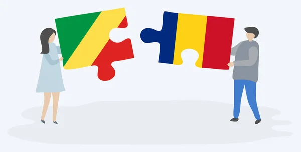 コンゴとルーマニアの旗と2つのパズルのピースを保持しているカップル コンゴ共和国とルーマニアの国のシンボル — ストックベクタ