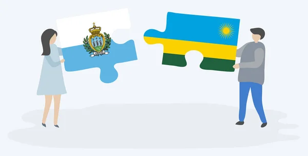 Sammarinese Ruanda Bayrakları Ile Iki Bulmaca Parçaları Tutan Çift San — Stok Vektör