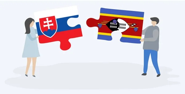 Paar Houden Twee Puzzels Stukken Met Slowaakse Swazi Vlaggen Slowakije — Stockvector
