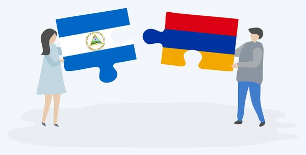 Casal Segurando Duas Peças Quebra Cabeças Com Bandeiras Nicarágua Armênia — Vetor de Stock