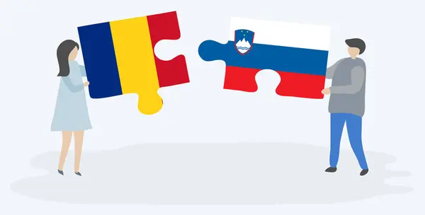 Ζευγάρι Κρατώντας Δύο Κομμάτια Παζλ Ρουμανική Και Σλοβενικές Σημαίες Εθνικά — Διανυσματικό Αρχείο