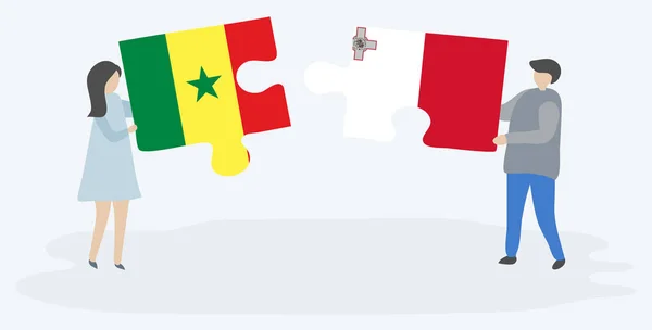 Casal Segurando Duas Peças Quebra Cabeças Com Bandeiras Senegalesas Maltesas — Vetor de Stock