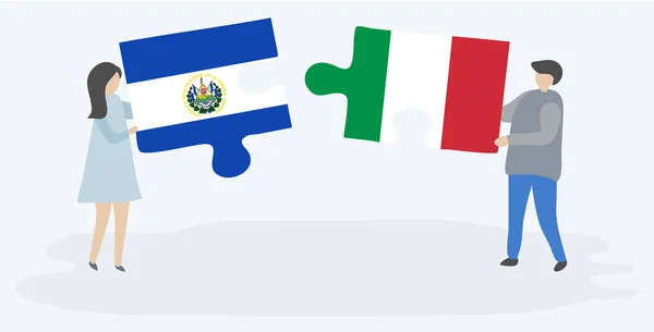 Par Som Innehar Två Pusselbitar Med Salvadoranska Och Italienska Flaggor — Stock vektor