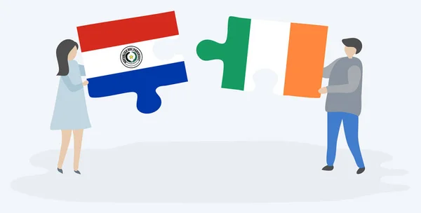 Couple Tenant Deux Pièces Puzzles Avec Des Drapeaux Paraguayens Irlandais — Image vectorielle