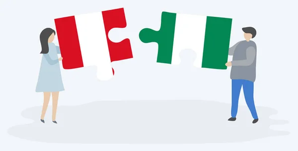 Pareja Sosteniendo Dos Piezas Rompecabezas Con Banderas Peruanas Nigerianas Perú — Vector de stock