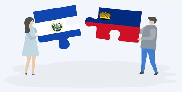 Salvador Lihtenştayn Bayrakları Ile Iki Bulmaca Parçaları Tutan Çift Salvador — Stok Vektör