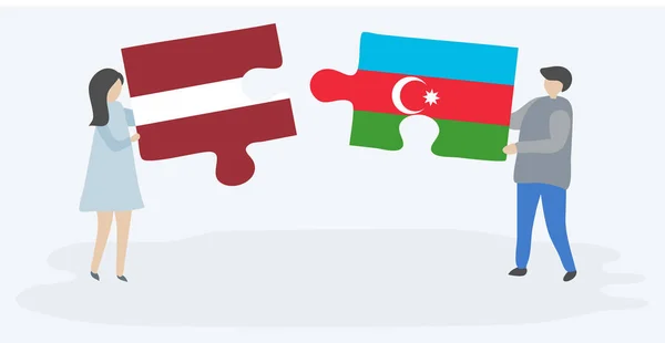 Par Som Innehar Två Pusselbitar Med Lettiska Och Azerbajdzjanska Flaggor — Stock vektor