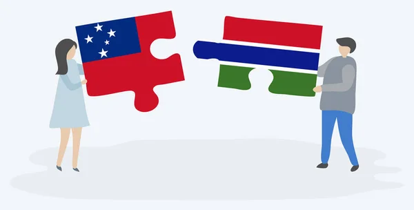 Samoa Gambiya Bayraklarıyla Iki Bulmaca Tutan Çift Samoa Gambiya Ulusal — Stok Vektör