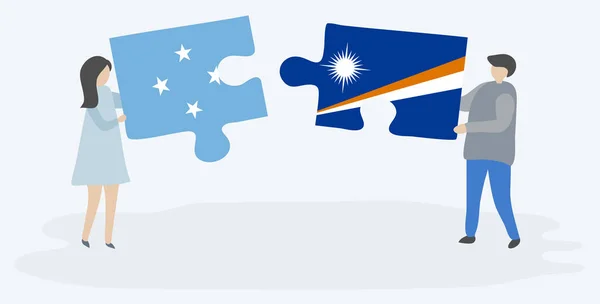 Paar Houden Twee Puzzels Stukken Met Micronesian Marshallese Vlaggen Micronesia — Stockvector