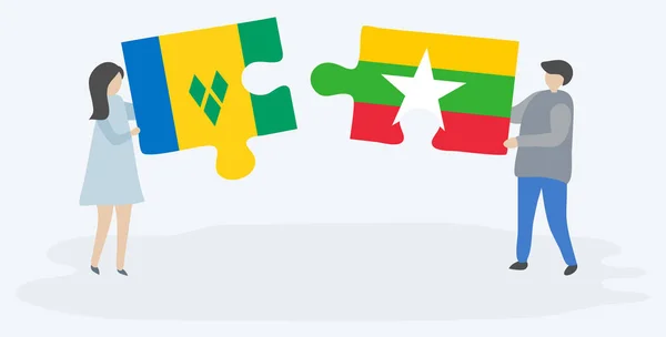 Paar Houden Twee Puzzels Stukken Met Vincentian Birmese Vlaggen Saint — Stockvector