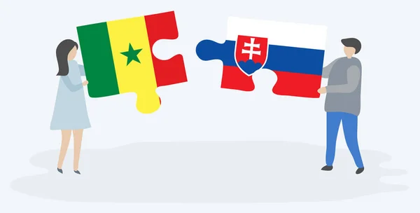 Couple Tenant Deux Pièces Puzzles Avec Des Drapeaux Sénégalais Slovaques — Image vectorielle