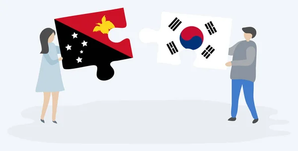 一对夫妇拿着两块拼图 上面挂着巴布亚和韩国国旗 巴布亚新几内亚和韩国国家符号在一起 — 图库矢量图片
