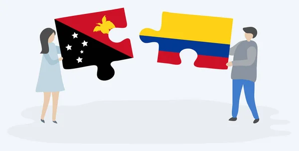 Pareja Sosteniendo Dos Piezas Rompecabezas Con Banderas Papúa Colombia Papua — Vector de stock