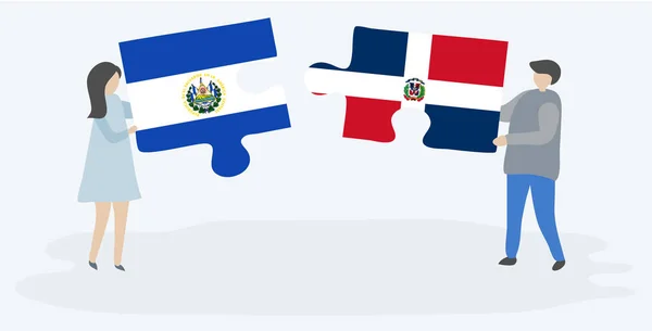 Couple Tenant Deux Pièces Puzzles Avec Des Drapeaux Salvadoriens Dominicains — Image vectorielle