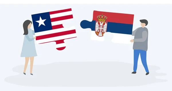 リベリアとセルビアの旗と2つのパズルのピースを保持しているカップル リベリアとセルビアのシンボルが一緒に — ストックベクタ