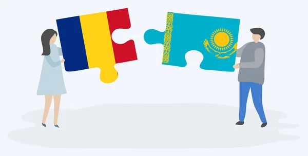 Pareja Sosteniendo Dos Piezas Rompecabezas Con Banderas Rumania Kazajstán Rumanía — Archivo Imágenes Vectoriales
