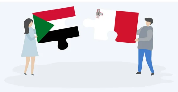 Pareja Sosteniendo Dos Piezas Rompecabezas Con Banderas Sudán Malta Sudán — Archivo Imágenes Vectoriales