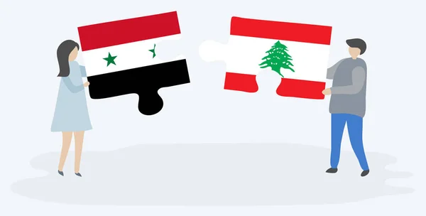 Para Trzymania Dwóch Puzzli Syryjskich Libańskich Flag Symbole Narodowe Syrii — Wektor stockowy