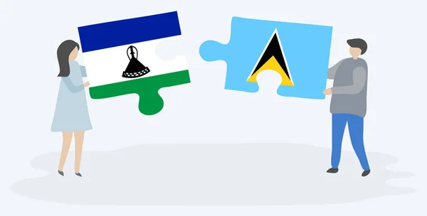 Paar Houden Twee Puzzels Stukken Met Basotho Saint Lucian Vlaggen — Stockvector