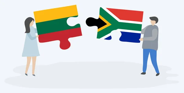 一对夫妇拿着两块拼图 上面挂着立陶宛和南非国旗 立陶宛和南非国家符号在一起 — 图库矢量图片