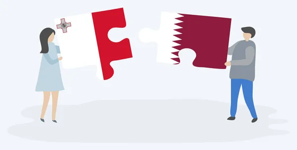 Couple Holding Two Puzzles Pieces Maltese Qatari Flags Malta Qatar — Stock Vector