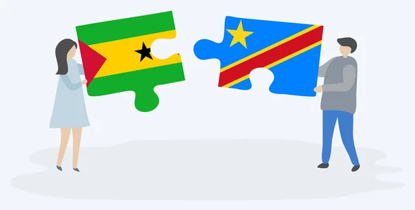 Pareja Sosteniendo Dos Piezas Rompecabezas Con Banderas Sao Tomean Congoleñas — Vector de stock