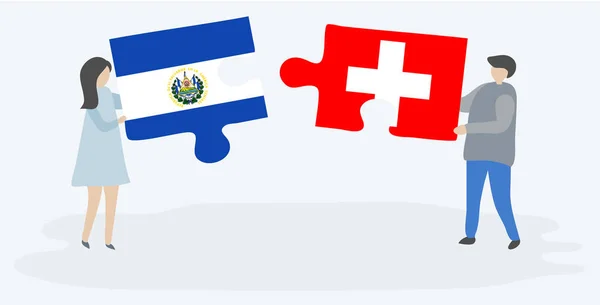 Couple Holding Two Puzzles Pieces Salvadoran Swiss Flags Salvador Switzerland — Stock Vector