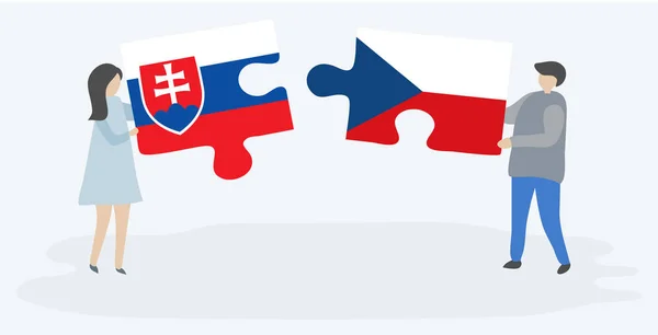 スロバキアとチェコの旗を持つ2つのパズルのピースを保持しているカップル スロバキアとチェコの国のシンボル — ストックベクタ