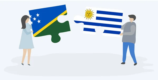 Couple Holding Two Puzzles Pieces Solomon Island Uruguayan Flags Solomon — Stock Vector