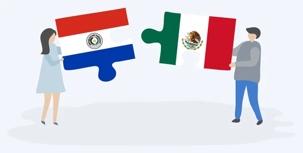 Pareja Sosteniendo Dos Piezas Rompecabezas Con Banderas Paraguayas Mexicanas Paraguay — Vector de stock