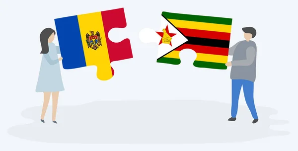 Pareja Sosteniendo Dos Piezas Rompecabezas Con Banderas Moldavas Zimbabuenses Moldavia — Vector de stock