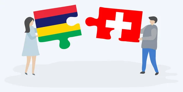 Paar Houden Twee Puzzels Stukken Met Mauritiaanse Zwitserse Vlaggen Nationale — Stockvector