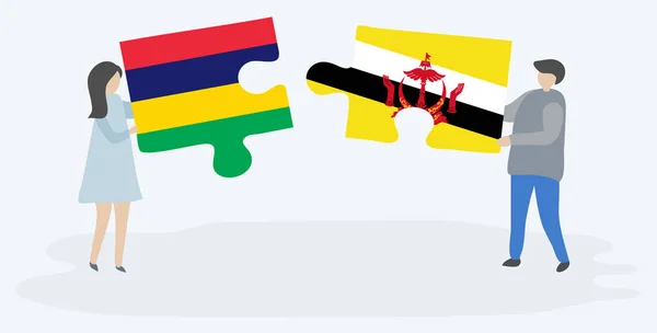 一对夫妇拿着两块拼图 上面挂着毛里求斯和文莱国旗 毛里求斯和文莱国家符号在一起 — 图库矢量图片